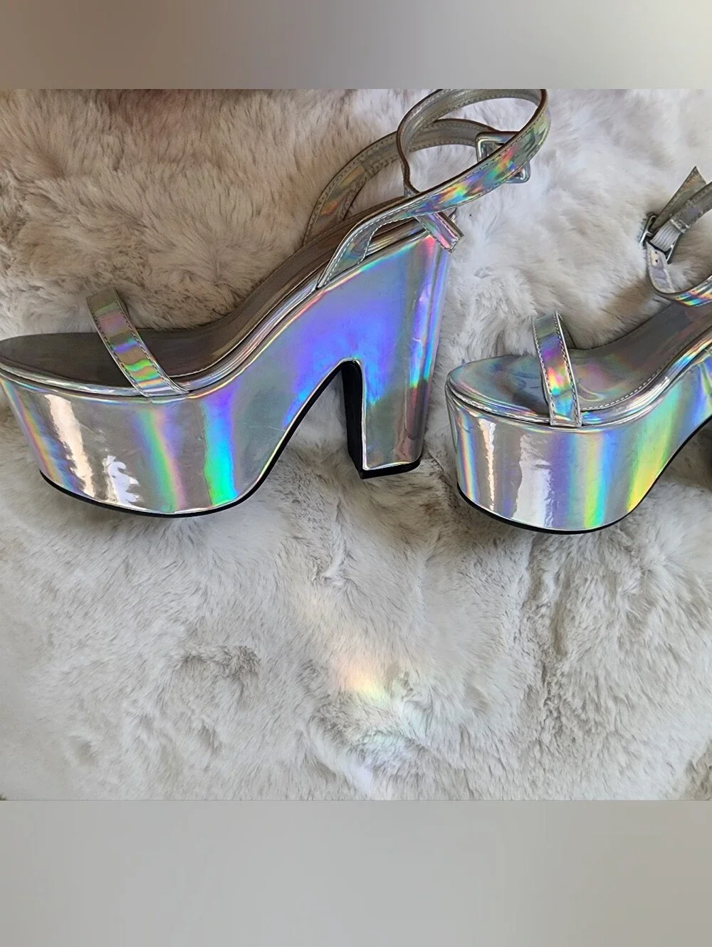 EGO Silver Holographic Platform Block Heel Sandals Size 9
